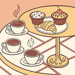 Illustration of a cafe table with coffee cups, muffins, and a croissant in a cozy and inviting setting