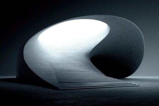 Abstract concrete structure with curved steps leading to a light-filled opening