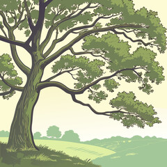 Fototapeta premium Vector art of a large tree with green leaves stands prominently in a field, with rolling hills in the background landscape