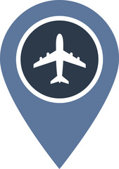 A blue location pin icon featuring a white airplane inside a dark blue circle.