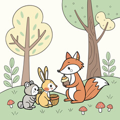 Vector art of a whimsical forest scene with a fox, rabbit, and mouse enjoying a picnic among trees and mushrooms