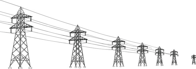 High voltage transmission towers, electric power lines infrastructure, energy distribution network, lattice pylons perspective, industrial electricity supply, engineering structure illustration