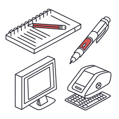 Vector art of isometric office supplies and computer for creative projects