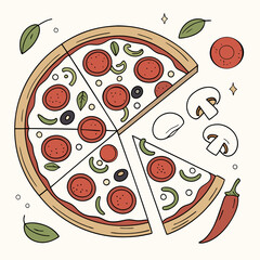 Vector art of overhead illustration of a pizza with pepperoni, olives, mushrooms, and peppers, with a slice removed