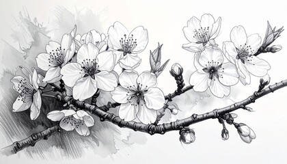 Elegant black and white pencil sketch of a flowering almond or cherry blossom branch.