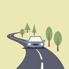A stylized illustration of a car driving on a winding road through a simple landscape with trees.