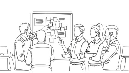 Office Team Discussion Line Art — Group of Workers Standing by Whiteboard, Sharing Ideas, Collaborative Vector Illustration