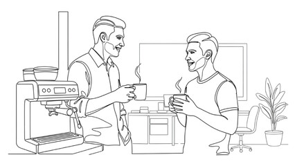 Office Chat Line Art — Two Workers Talking Near Coffee Machine with Mugs, Casual Workplace Interaction, Minimal Vector Illustration
