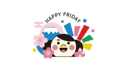 Fototapeta premium Cheerful cartoon character celebrates happy friday with mount fuji cherry blossoms and colorful confetti in a festive japanese inspired design perfect for social media and greeting cards