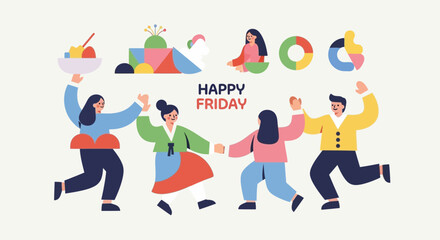 Fototapeta premium Cheerful people celebrating happy friday with traditional korean food and playful geometric shapes in a festive and colorful illustration perfect for social media and greeting cards