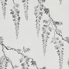 Seamless pattern with wisteria flowers, Japanese ink wash style.
