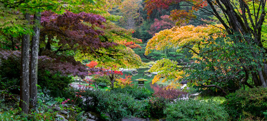 Scenic Panoramic view of famous Seattle Japanese garden with colorful foliage in autumn time.