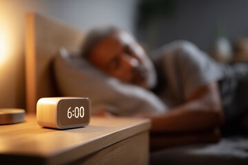 A man is sleeping with a clock on his nightstand that reads 6:00