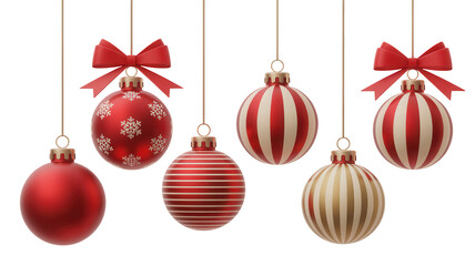 Plakat Collection of six festive christmas ornaments with red bows hanging against a dark background isolated on transparent background