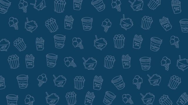 Food pattern animation seamless snacks fast food coffee ice cream popcorn suitable for backgrounds, branding, menus, digital content, and packaging