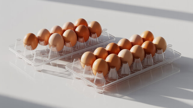 A product photography shot of two clear plastic egg cartons against a white background. The cartons contain brown eggs, with one carton containing 12 eggs and the other containing 15 eggs.