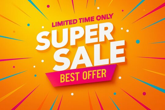 Bright and energetic super sale announcement with limited time offer and best deal message on a vibrant exploding background