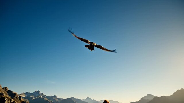 Golden Eagle Flying Against a Clear Blue Sky, Close Up