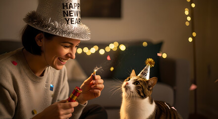 Happy Woman and Cat Celebrating New Year's Eve at Home with Party Hats