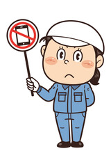 【スマホ使用禁止】工場や現場で働く女性作業員が禁止標識を持つイラスト｜不安全行動・不安全状態・労働災害