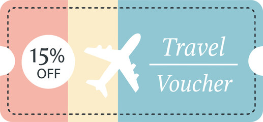Travel voucher with 15% off discount, airplane graphic, and a blue, yellow, and pink color scheme.