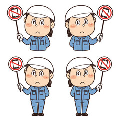 【スマホ使用禁止】工場や現場で働く女性作業員が禁止標識を持つイラスト｜不安全行動・不安全状態・労働災害