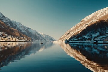 Obraz premium Calm fjord mirroring snowy mountains