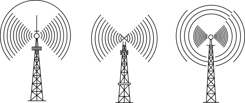 Radio tower signal icons, wireless communication concept, broadcast transmission waves, antenna structure set, telecom technology illustration, vector design for connectivity themes
