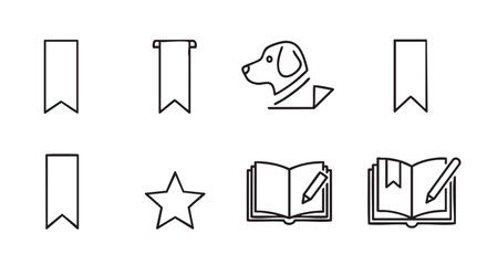 Simple black outline illustration with bookmarks and star on white background