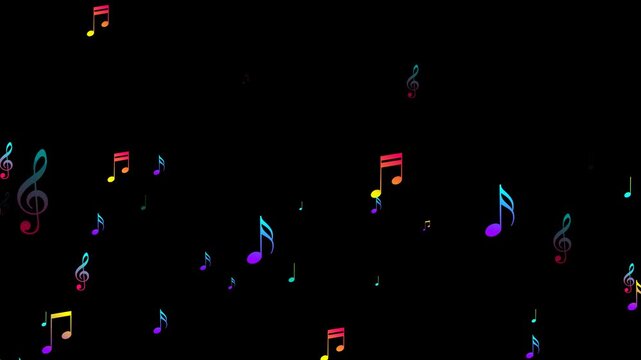 musical colorful notes flying alpha channel animation, notas music and song isolated overlay social media motion design element	