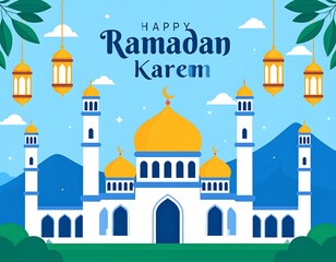 Fototapeta premium Colorful illustrated mosque with lanterns, text, and a clear sky background