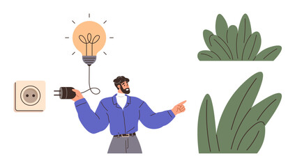 Person with plug and lit bulb gestures toward leaves, emphasizing eco-friendly energy and innovation. Ideal for sustainability, green energy, environment, inspiration, efficiency, clean energy