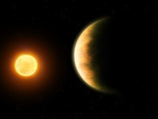 Planet in sunlight. Exoplanet with star in space. Dawn on an alien extrasolar world.