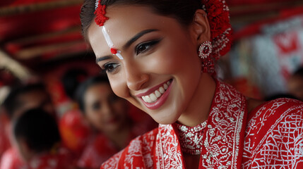 Beautiful Bengali woman in red bridal saree smiling gracefully during Poush Mela celebration and cultural festival in India