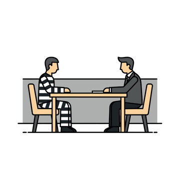 A tense meeting in an interrogation room between a prisoner in a striped uniform and a lawyer or detective