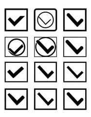 Assortment of checkmark symbols enclosed in various square and round frames