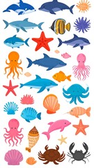 Colorful illustration featuring a collection of diverse marine creatures