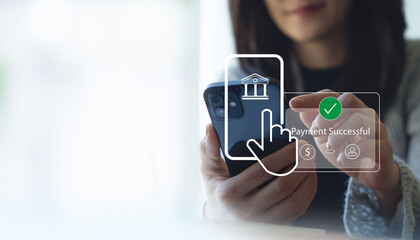 Digital banking, online payment concept. Woman using smartphone for online shopping and internet payment via mobile app, financial transaction success, FinTech Financial Technology concept.