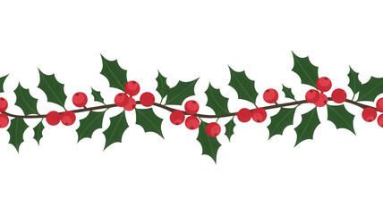 A festive horizontal garland of vibrant red holly berries and deep green spiky leaves isolated on transparent background