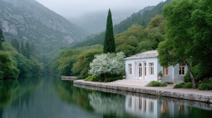 Fototapeta premium Serene Lakeside Retreat With Classical Architecture Nestled Among Lush Green Mountains And Reflective Water On A Misty Overcast Day