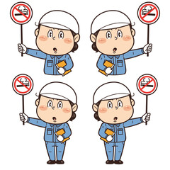【禁煙】工場や現場で働く女性作業員が禁止標識を持つイラスト｜不安全行動・不安全状態・労働災害