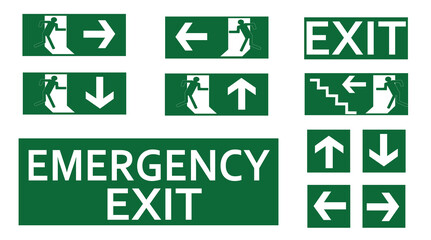 Emergency exit sign set. Fire exit. Running man and exit door, Escape and stairs sign. Escape help evacuation. Safety vector symbol.