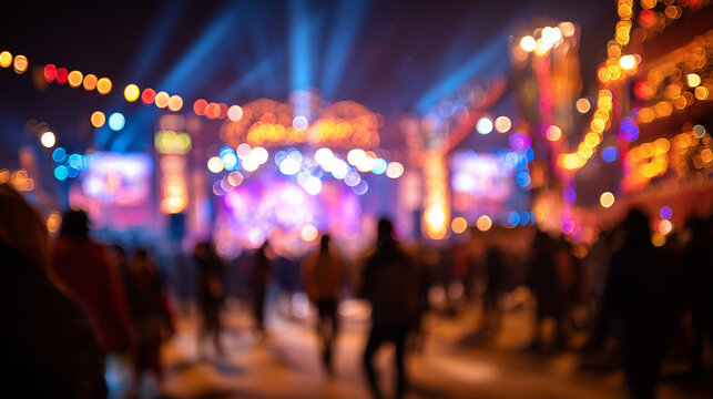 Night crowd enjoying live music and glowing festival lights during Poush Mela celebration in Santiniketan