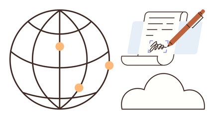 Globe with connection points, signed document and pen, and a cloud. Ideal for digital connectivity, contract signing, remote work, cloud storage, document authentication, global communication
