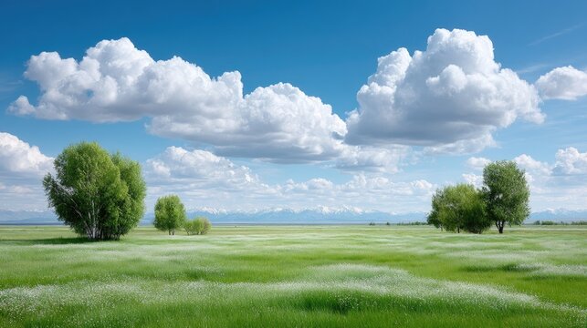 Vast Grassy Meadow Under a Blue Sky With Fluffy White Clouds and Distant Snow-Capped Mountains Under Bright Daylight Sunlight.