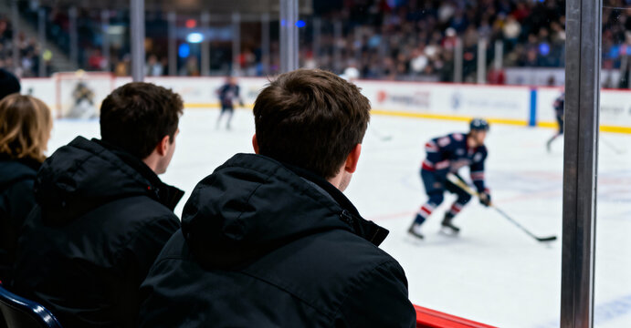 Two ice hockey coaches wearing black jackets watching the game from the bench, with players in action on the rink and a blurred crowd in the background. The image captures the intensity and teamwork.