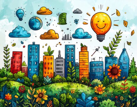 Cartoon illustration depicts a vibrant green cityscape with diverse elements