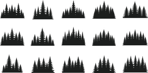 Collection of black pine forest silhouettes isolated on white background, evergreen woodland tree landscape icons, nature vector illustration set, design elements