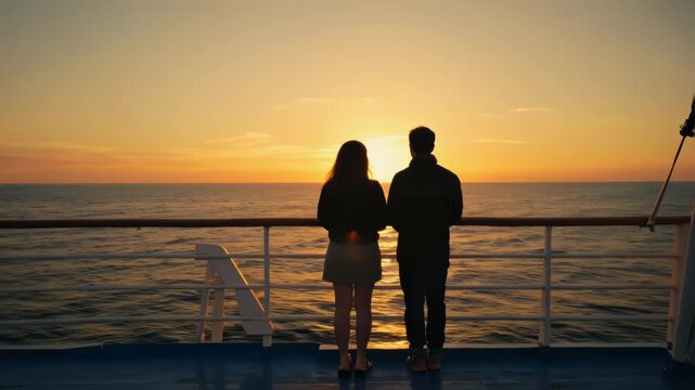 Couple Watching Sunset on Cruise Ship Deck at Sea
