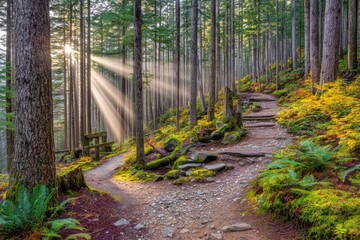Sunbeams pierce a misty forest trail, dappling the path with golden light